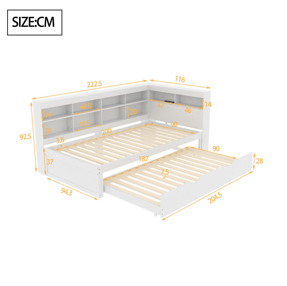 FUNKTIONSBETT 90/200 cm mit Ausziehbett 90/190 cm, USB-Anschluss und Stauraum, Massivholz, Weiß - Weiß, Holz (90/200cm) - Redom