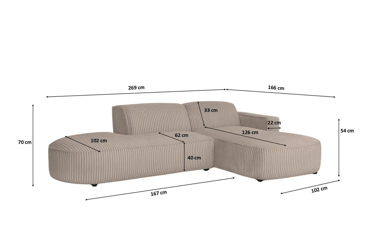 ECKSOFA Cursal Atelier, Stoff Poso, Dunkelbeige, Rechts - Beige, Holz (269/166cm) - Kaiser Möbel