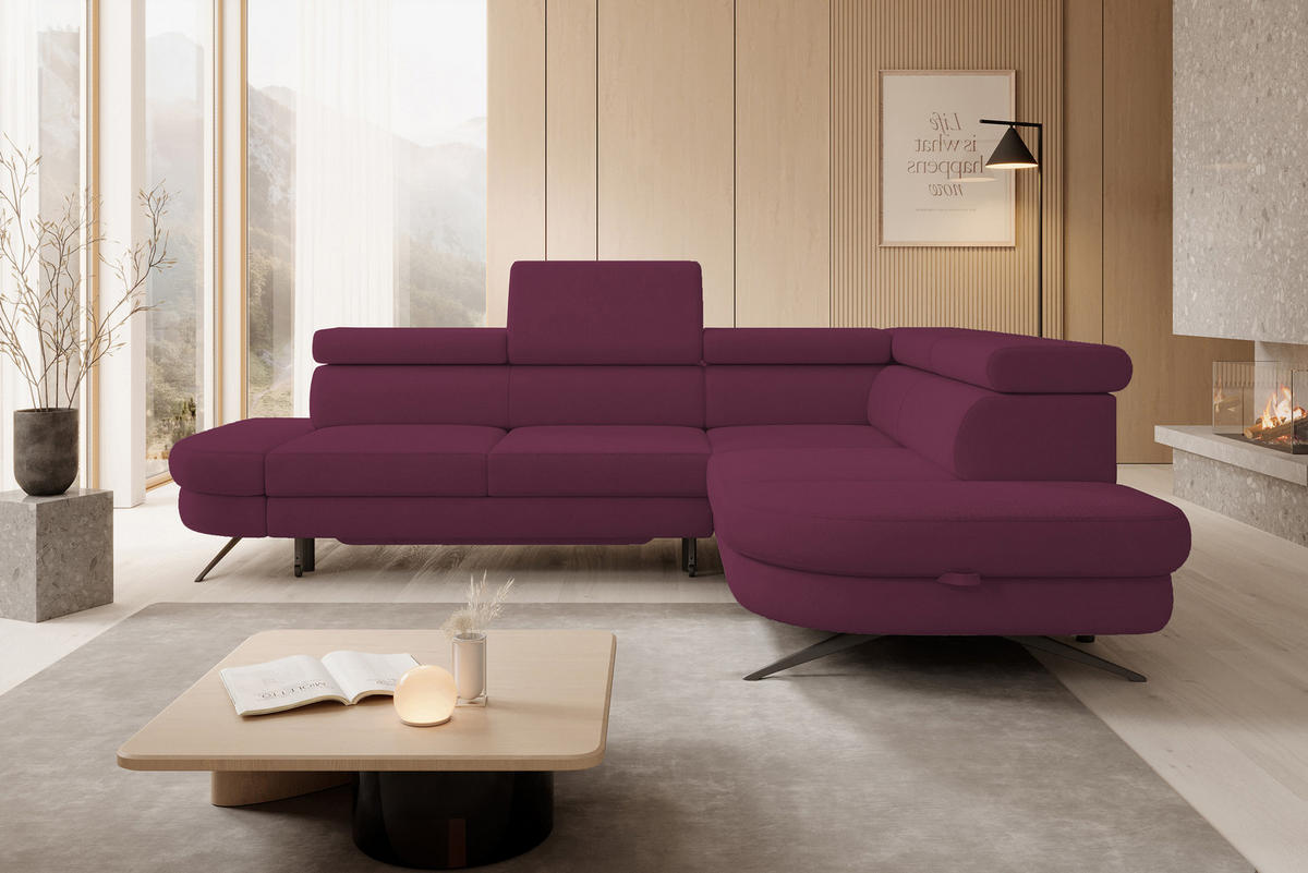 ECKSOFA OTIS L-förm, Schlaffunktion, verstellbare Kopfstützen, in AURORA-Stoff, lose Rückenkissen, freistehend, RECHTS 276x218x97 cm Purple - Lila, Holz/Textil (276/218cm) - DomoHome