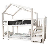 POSCHODOVÁ posteľ 90/200 cm biela s tabuľou a úložnými schodmi z masívneho dreva a MDF - biela, kompozitné drevo (90/200cm) - OKWISH