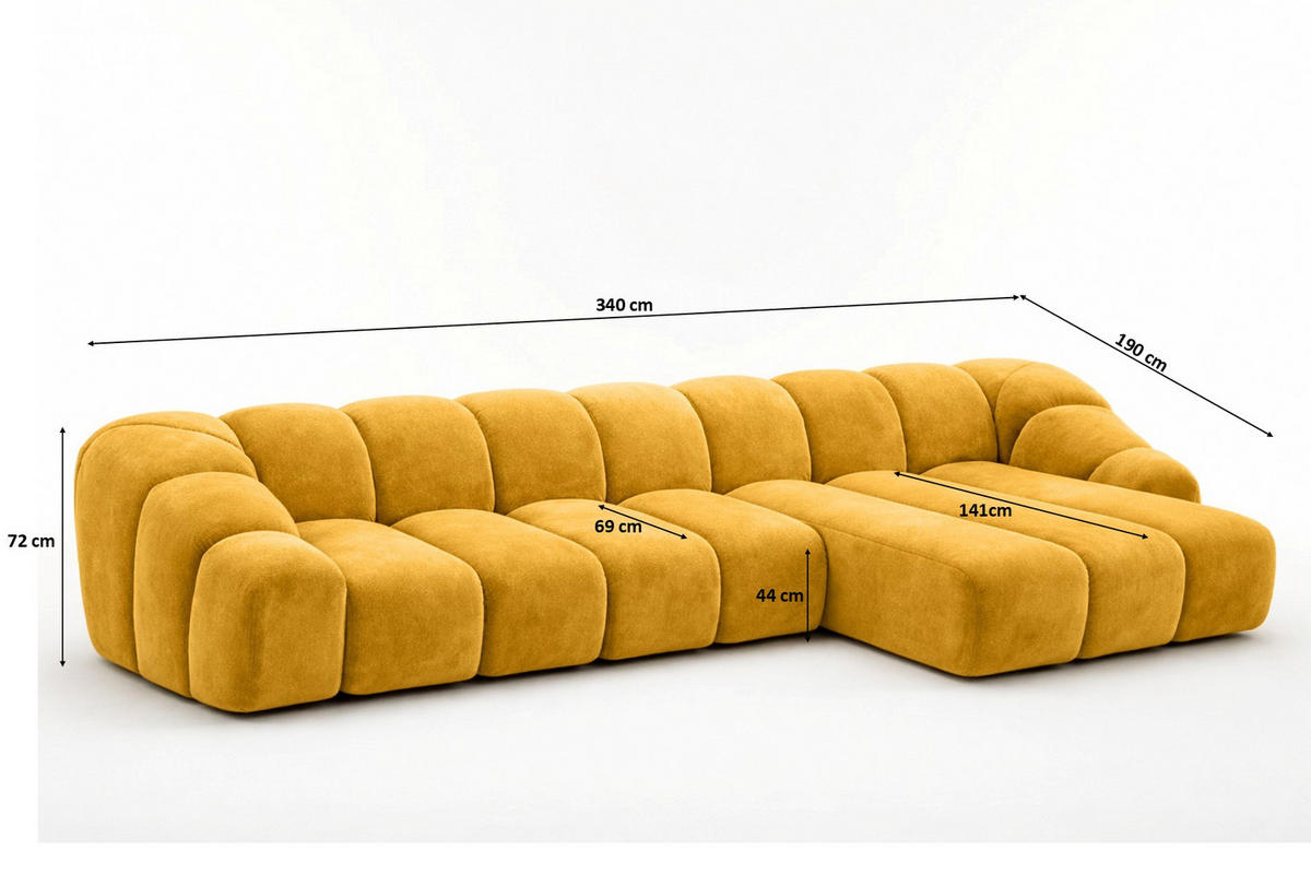 ECKSOFA Modulare L-Form, Veloursstoff Bluvel, Golden, Rechts, CROISSANT XL - Goldfarben, Holz (340/190cm) - Kaiser Möbel