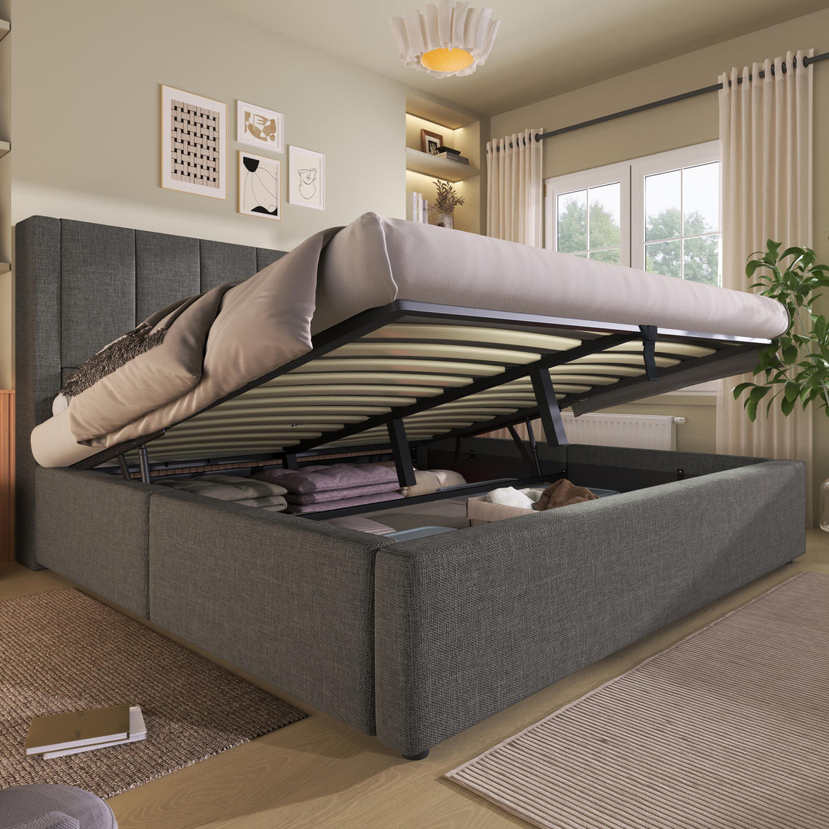 POLSTERBETT mit Stauraum und Ladestation 180x200 cm Leinen Grau - Grau, Metall (180/200cm) - Meubliv