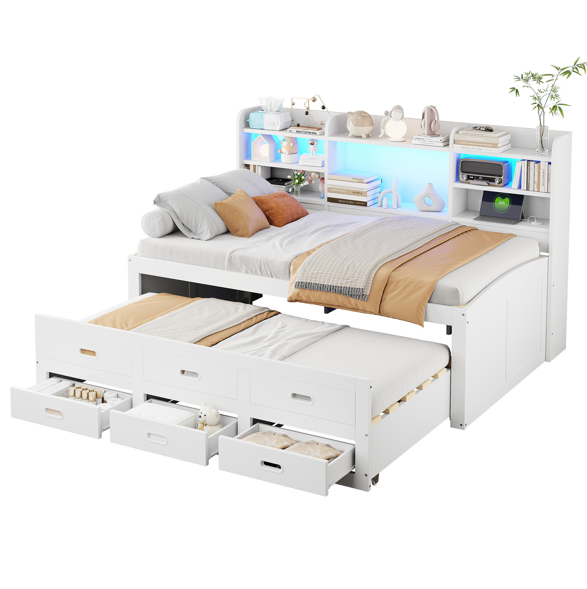 POLSTERBETT 90/200 cm in Weiß mit LED-Beleuchtung und USB- und Type-C-Anschlüssen - Weiß, Holzwerkstoff (90/200cm) - Flora Grace