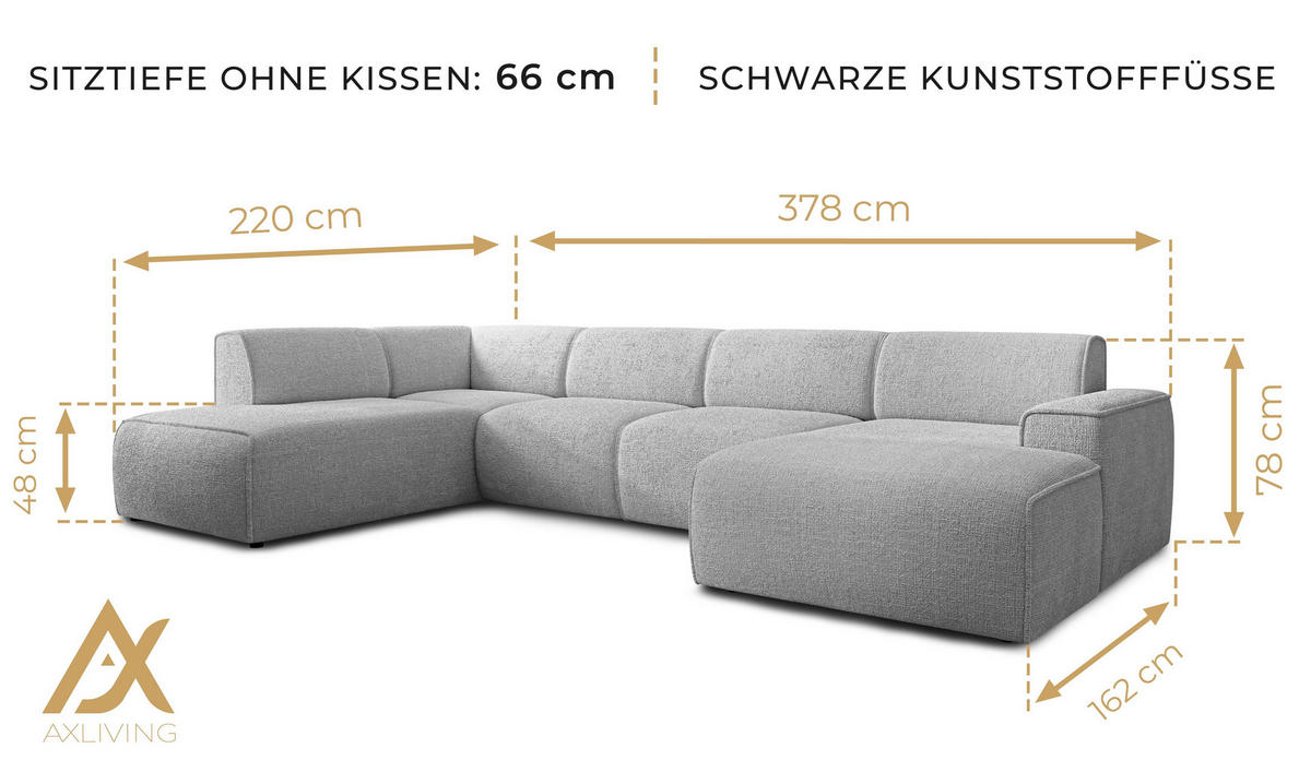 WOHNLANDSCHAFT Didim Weiß 378/220/78 cm – großes Sofa stilvoll & bequem L - Schwarz/Weiß, Kunststoff/Textil (220/78/378cm) - AX Living