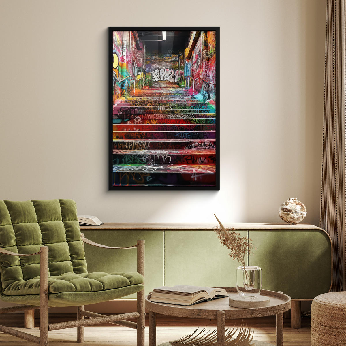 POSTER MIT RAHMEN Treppe - Graffiti - Farben - Kunst 60x90 cm - Multicolor, Papier (60/90cm) - MuchoWow