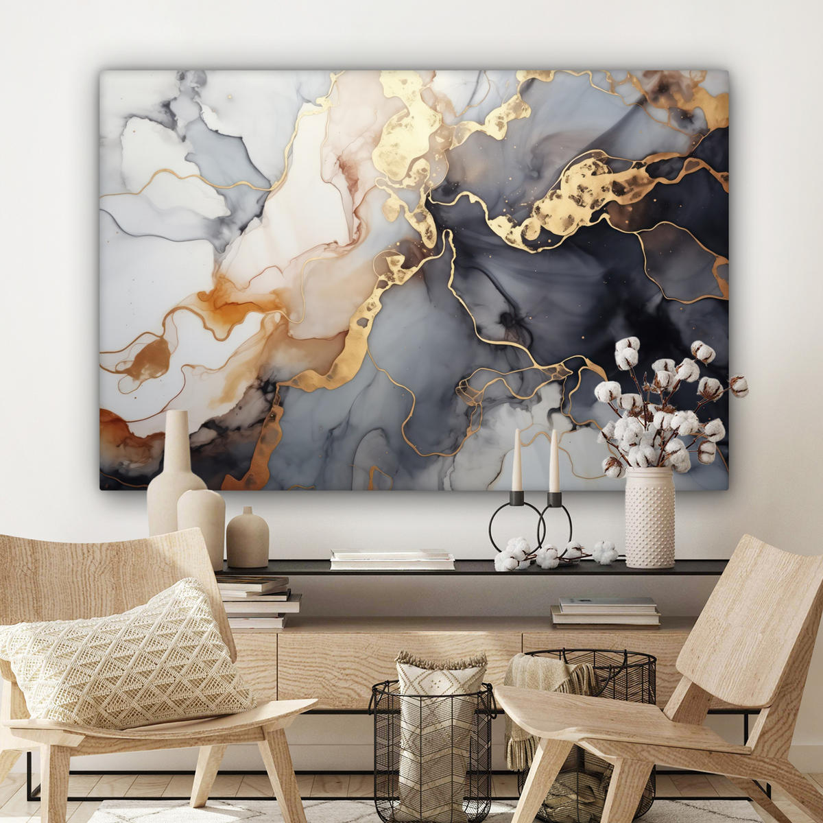 LEINWANDBILD Marmor - Schwarz - Gold - Weiß 150x100 cm - Dunkelgrau, Textil (150/100cm) - MuchoWow