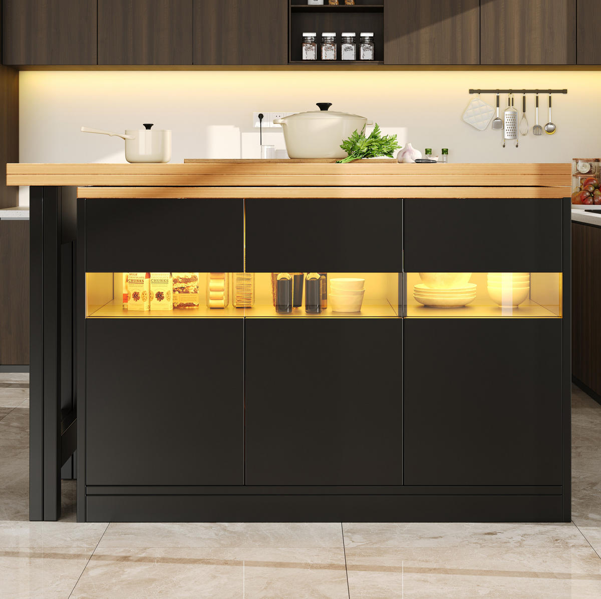 KÜCHENINSEL aus MDF 120-180x40x71,5 cm in Schwarz/Natur mit LED - Schwarz, Holzwerkstoff (180/71.5/40cm) - Modfu