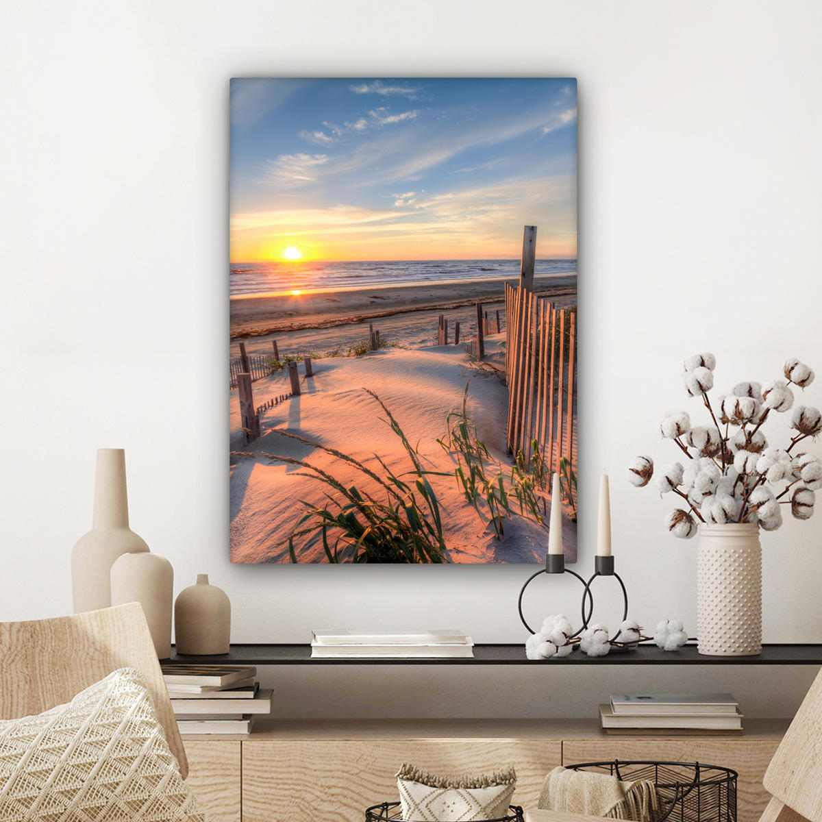 LEINWANDBILD Strand - Meer - Düne - Sonnenuntergang - Landschaft Wandbild Wohnzimmer 60x80 cm - Beige, Textil (60/80cm) - MuchoWow