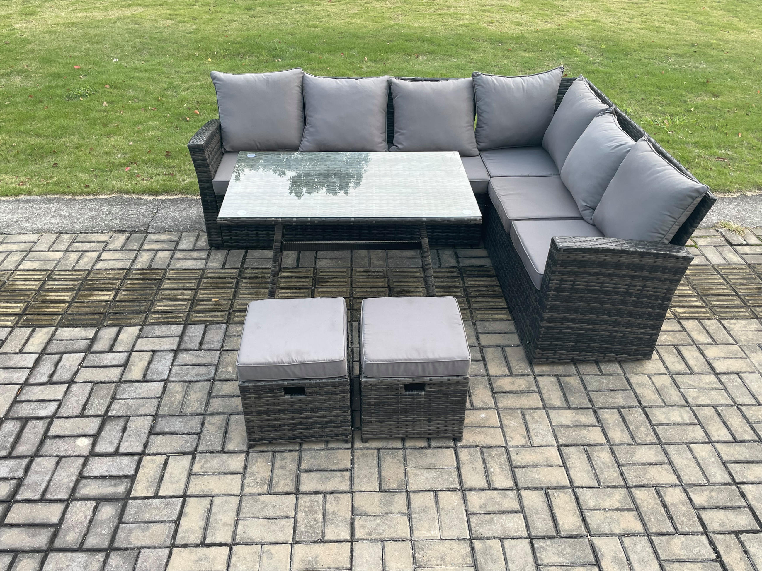 GARTENSOFA SET Hohe Rückenlehne Polyrattan Dunkelgrauer Mix 8-Sitzer - Dunkelgrau/Grau, Glas/Kunststoff - Fimous