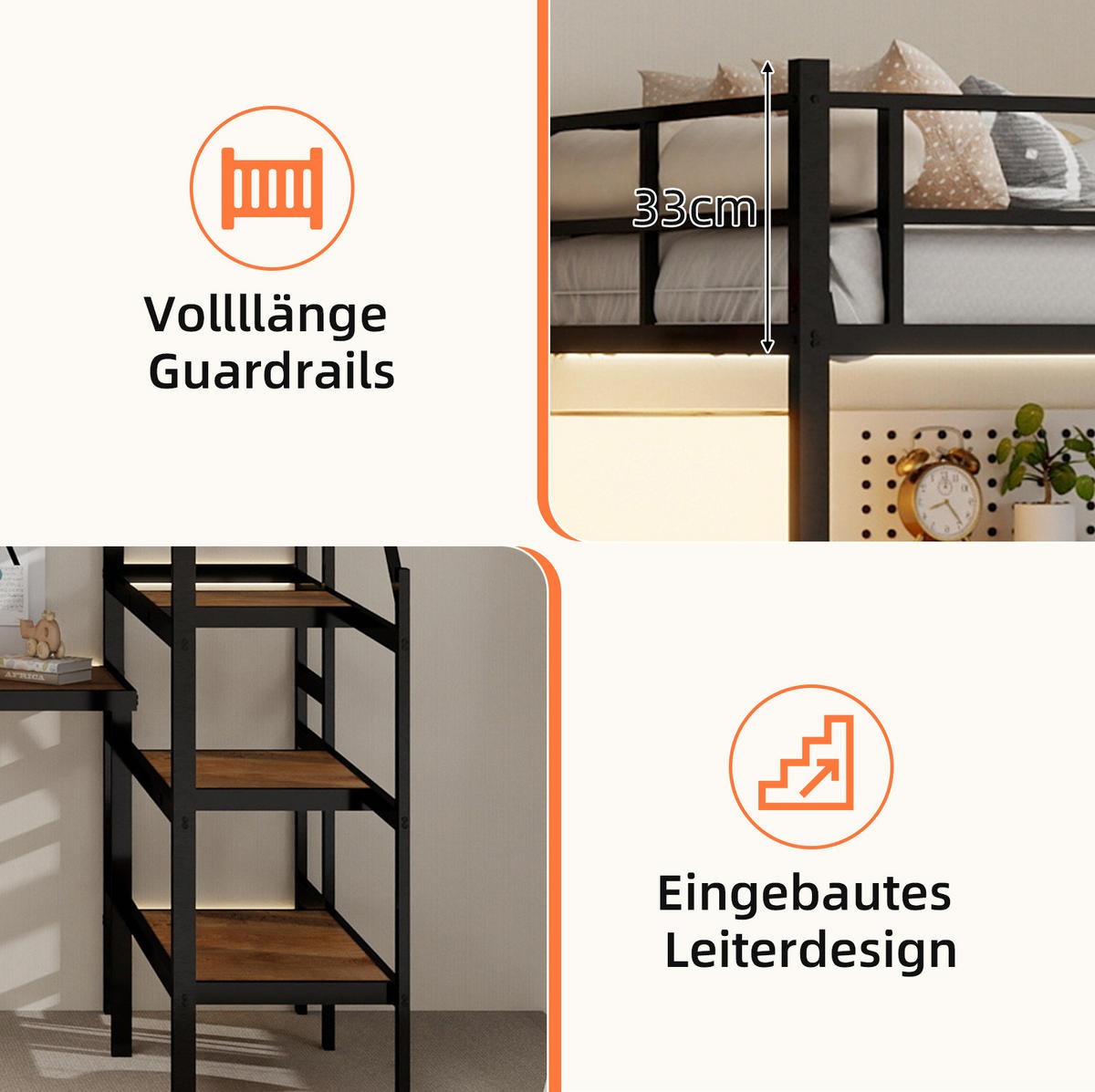 HOCHBETT 90/190 cm aus Eisen mit L-förmigem Schreibtisch und Stauraumtreppe Schwarz - Schwarz, Metall (90/190cm) - Modenvie