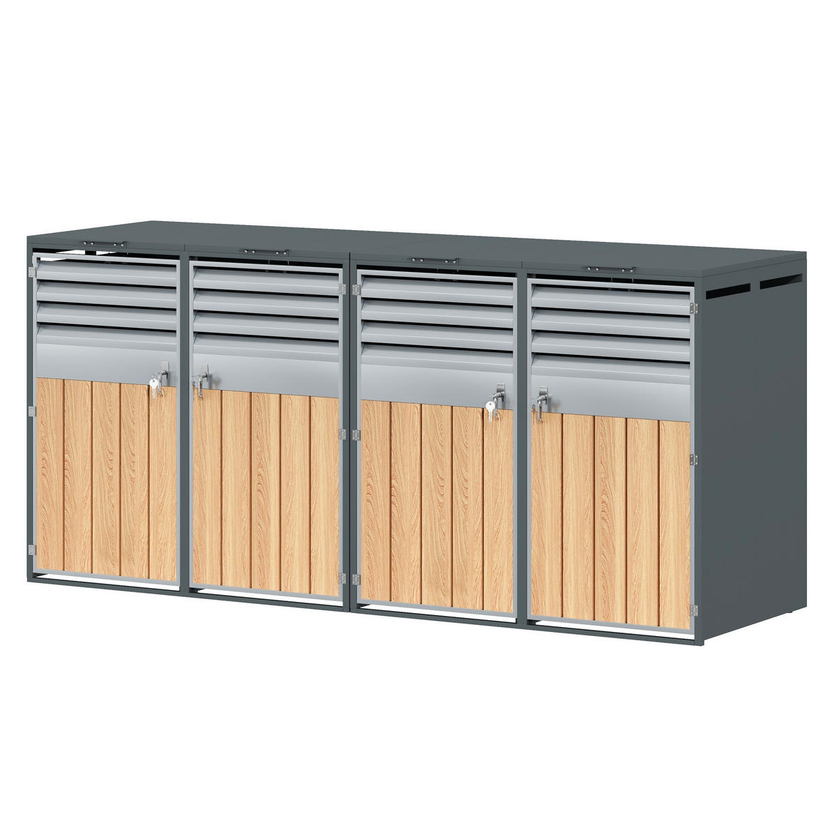 MÜLLTONNENBOX aus Stahl in Grau Holzoptik mit Klappdeckel & Schloss 264x80x118,5 cm - Grau, Metall (264/118.5/80cm) - Modfu