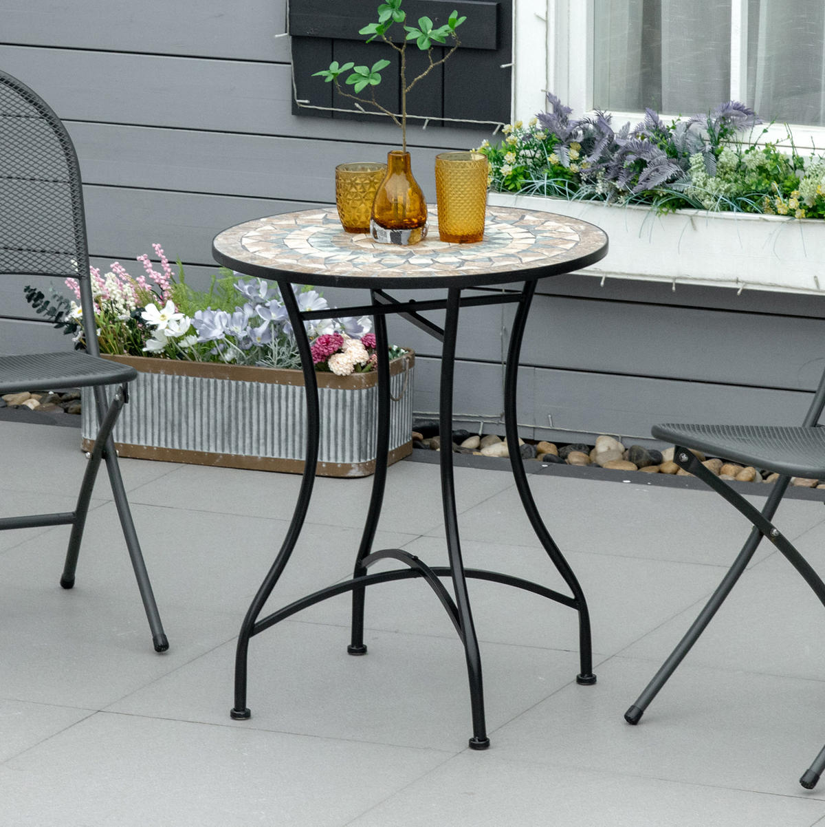GARTENTISCH Ø60x71 cm Schwarze mit Mosaikplatte & Metallgestell - Naturfarben, Keramik (60/60/71cm) - Modfu