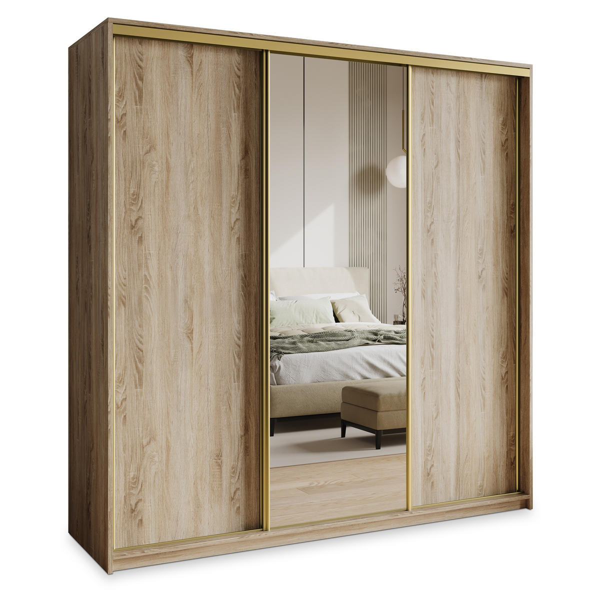 SCHWEBETÜRENSCHRANK TAVI 180/205/60 cm 3-türig mit Spiegel und Schubladen Sonoma Eiche - Goldfarben/Sonoma Eiche, Holzwerkstoff (180/205/60cm) - MASSENO