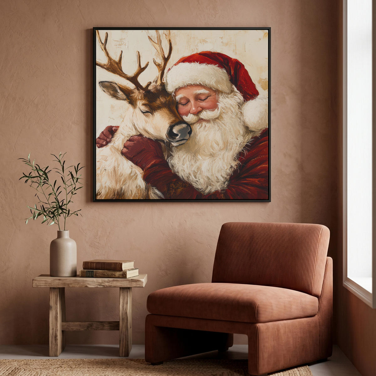 LEINWAND Bilder mit Rahmen - Weihnachtsmann - Rentier - Weihnachten - 90x90 - Rotbraun, Textil (90/90cm) - MuchoWow