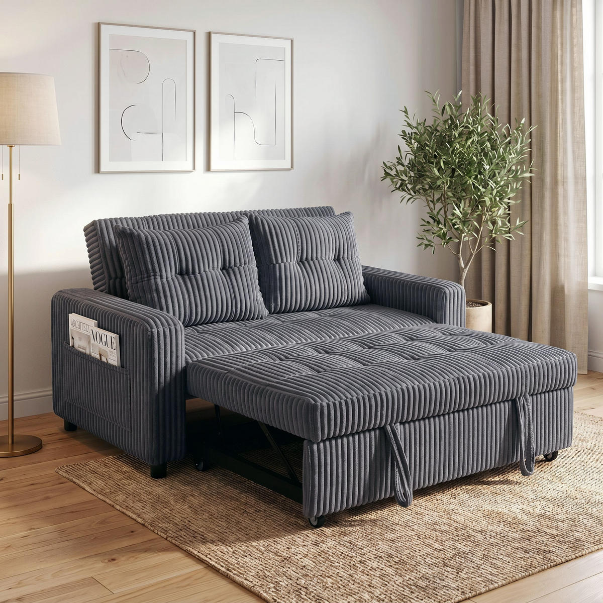 SCHLAFSOFA Polyester, Stahl Dunkelgrau - Dunkelgrau/Hellgrau, Holz/Kunststoff (90/91/157cm) - HOMCOM