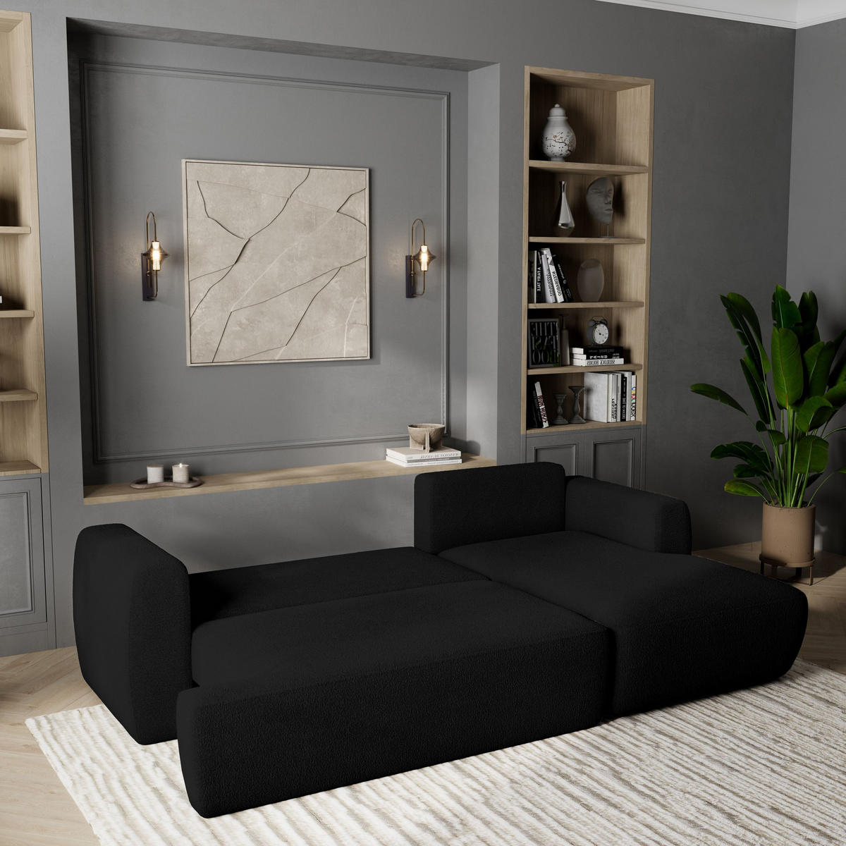 ECKSOFA SENTI N R-S Schwarz Boucle-Stoff mit Schlaffunktion - Schwarz, Holz (246/148cm) - MASSENO