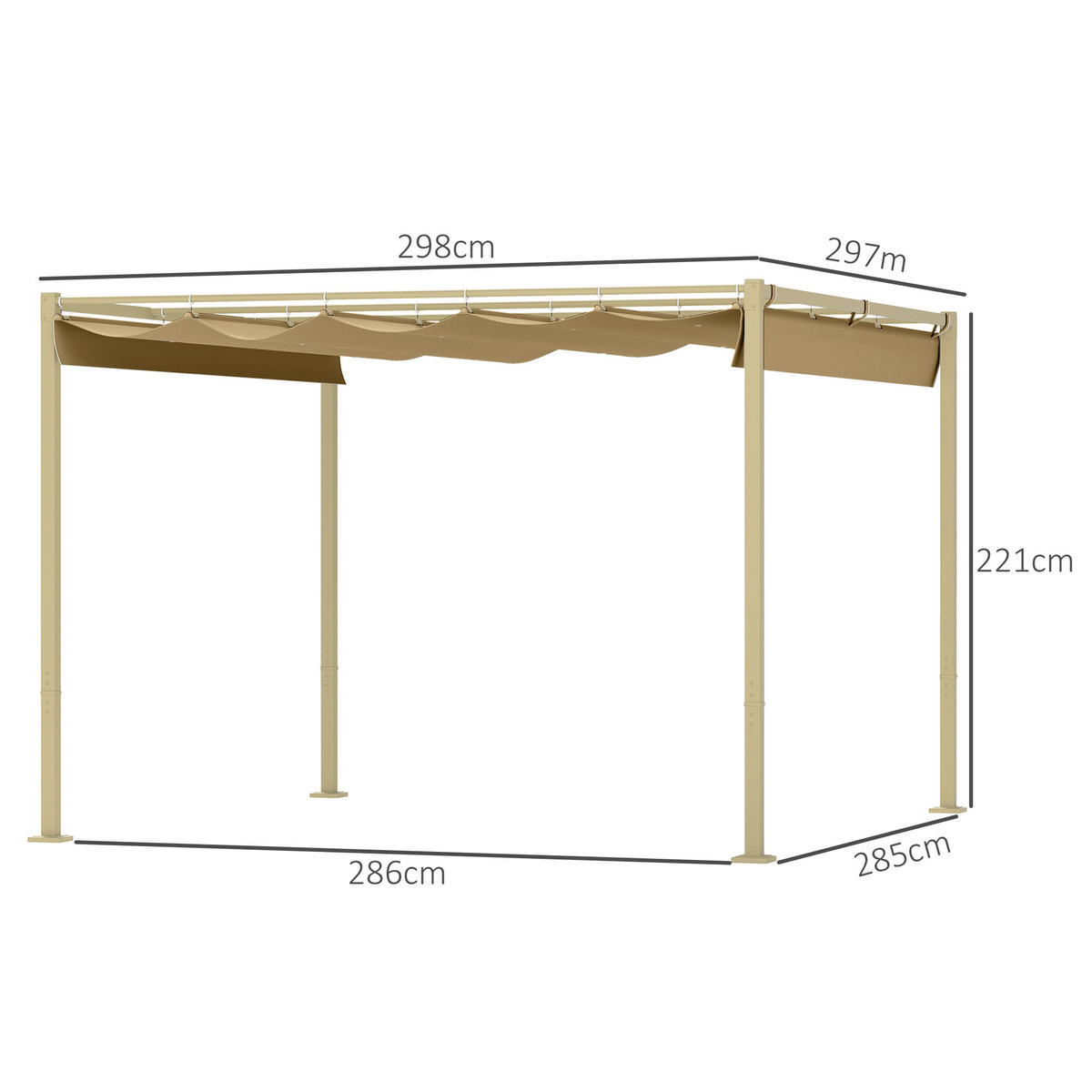3 x 3 m Garten-Pergola mit einziehbarem Dach, Pavillon, Baldachin für Schatten, UPF30+, Khaki - Gelb, Metall (298/221/297cm)