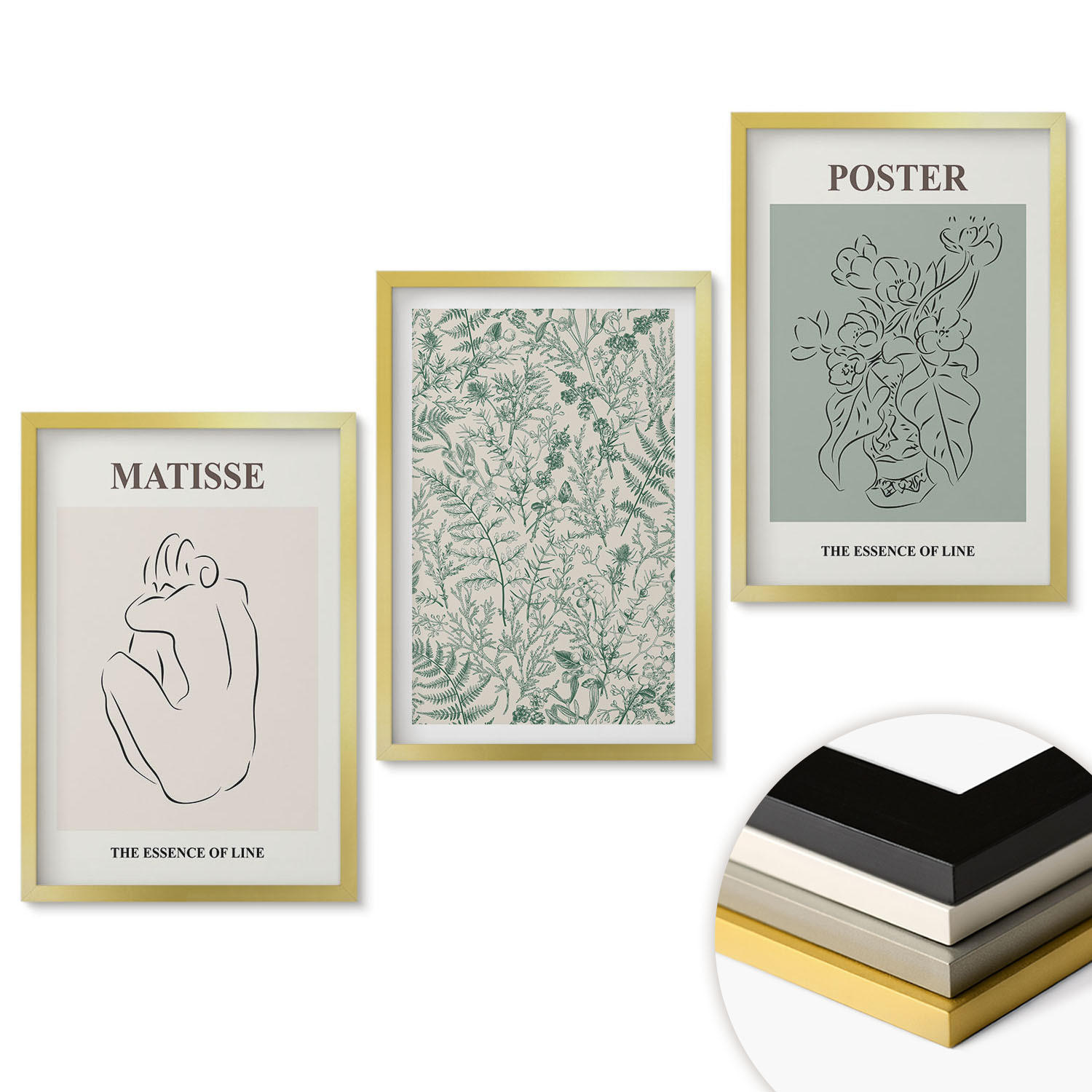 WANDBILDER 3er Set - 40x60 cm Goldrahmen - Linien, Pflanzenmuster, Minimalismus - Goldfarben, Kunststoff (40/60cm) - ArtPrintCave