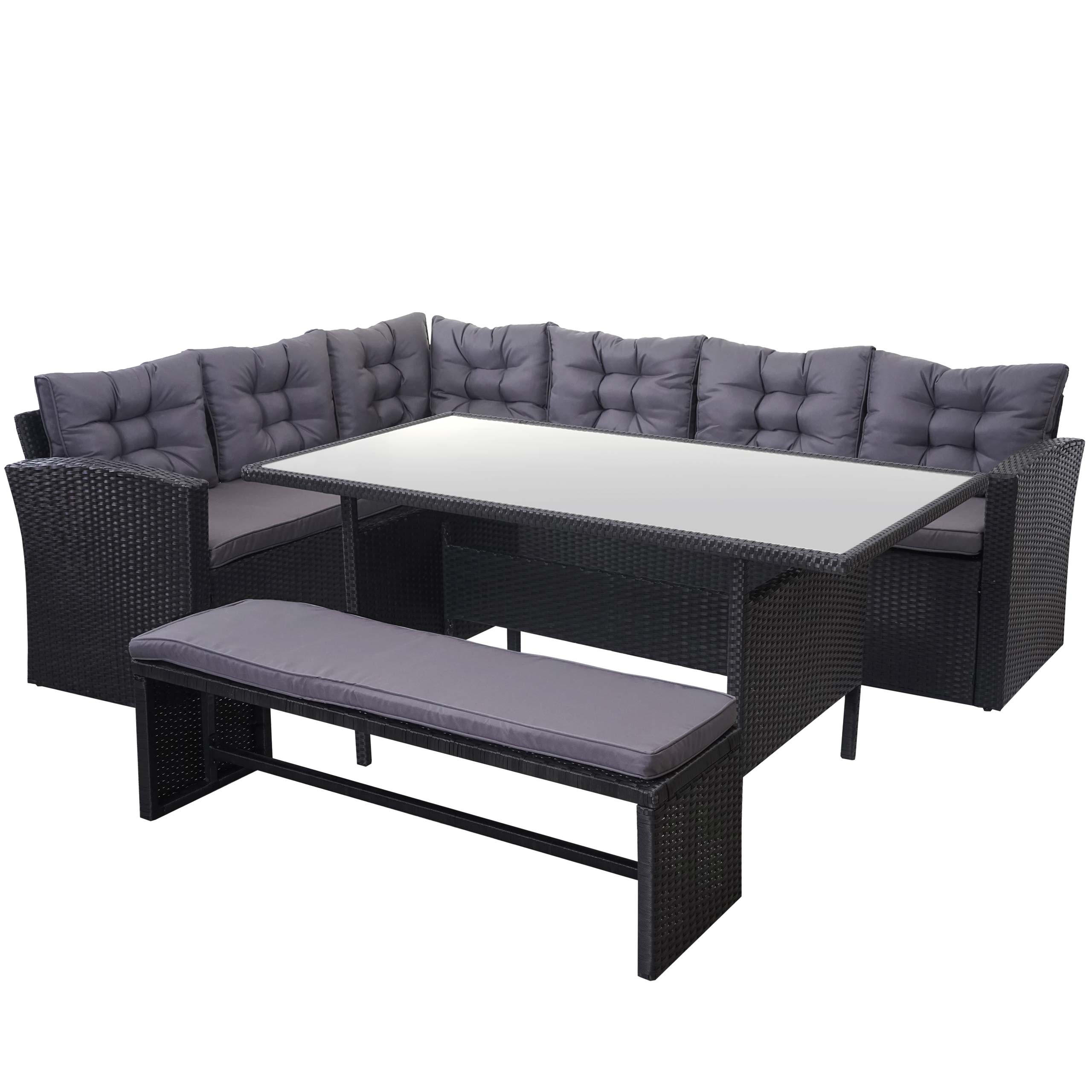 POLY-RATTAN-GARNITUR MIT BANK Schwarz 1 Eckbank, 1 Tisch, 1 Sitzbank-Set - Schwarz, Kunststoff - MCW