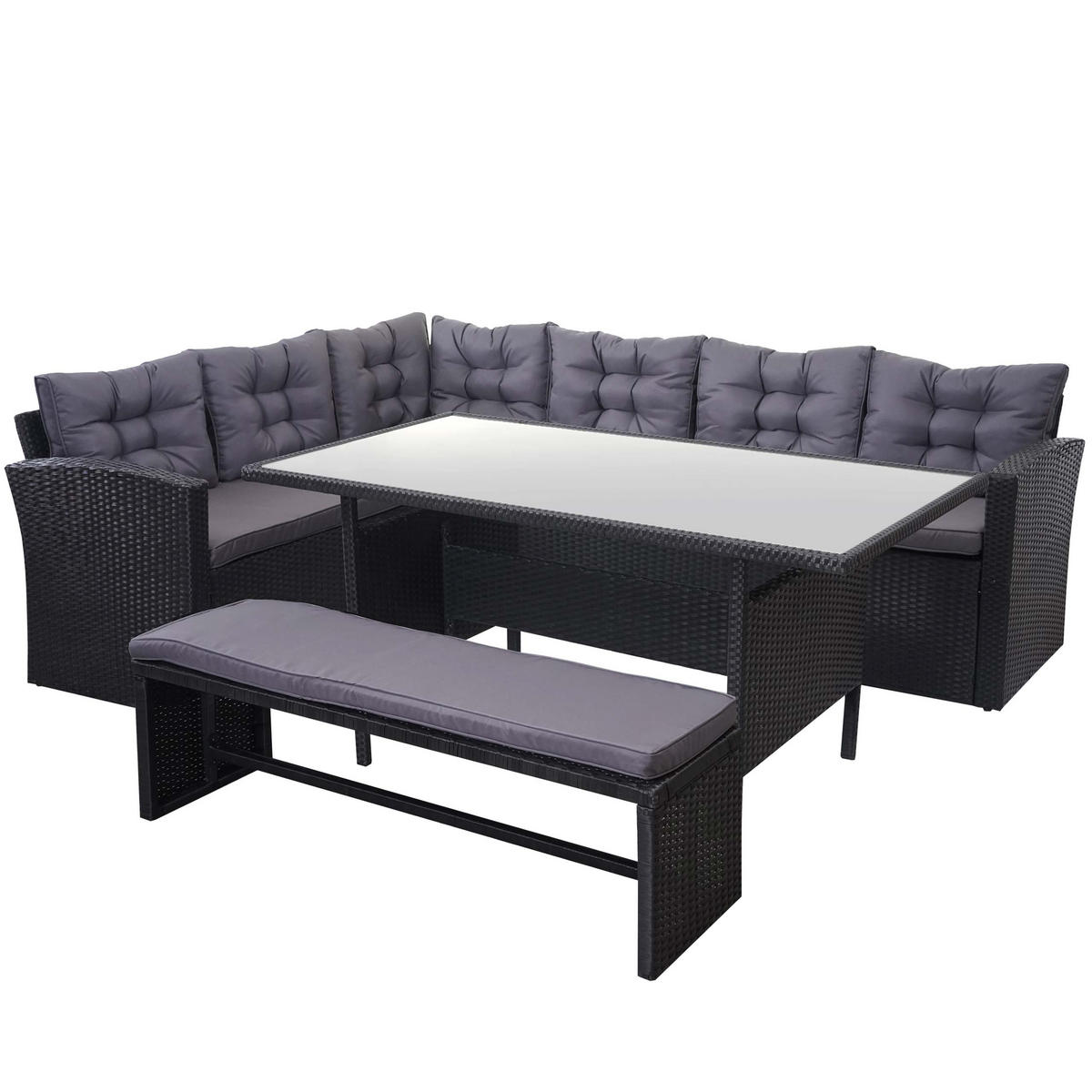 POLY-RATTAN-GARNITUR MIT BANK Schwarz 1 Eckbank, 1 Tisch, 1 Sitzbank-Set - Schwarz, Kunststoff - MCW