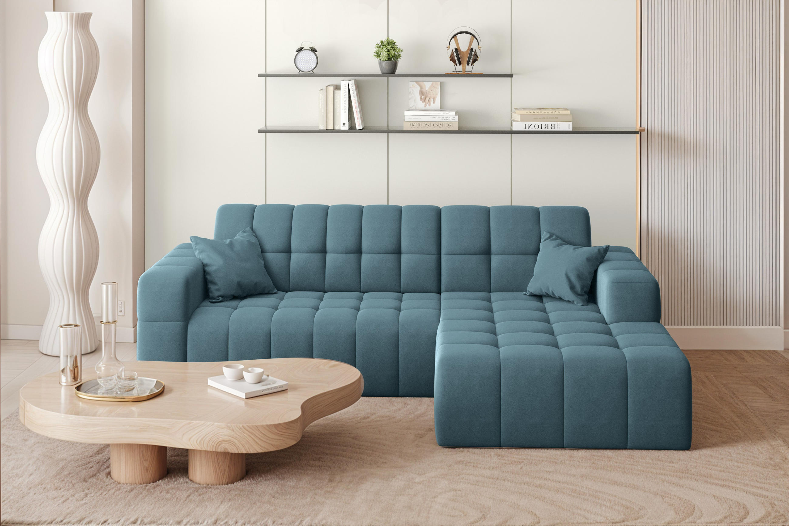 ECKSOFA L-förmiges Nimes Velours Stoff Blau Rechts - Blau, Holz/Kunststoff (265/168cm) - Kaiser Möbel
