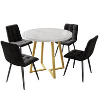 ESSZIMMER-SET 5-tlg mit rundem Tisch 80 cm Durchmesser aus Marmor-Spanplatte, 4 Samtstühlen und Metallgestell, weiß-schwarz - Schwarz, Holzwerkstoff (80/75/80cm) - Luhomfu