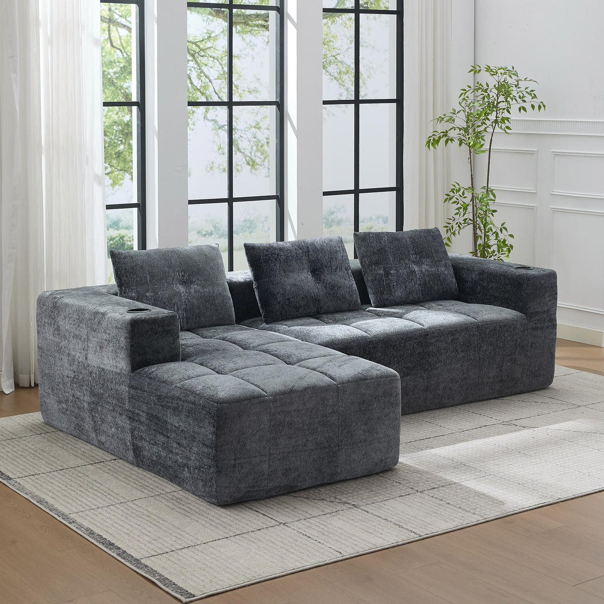 4-SITZER ECKSOFA Polyester Grau mit Becherhaltern - Grau, Textil (258/163cm) - WISHDOR