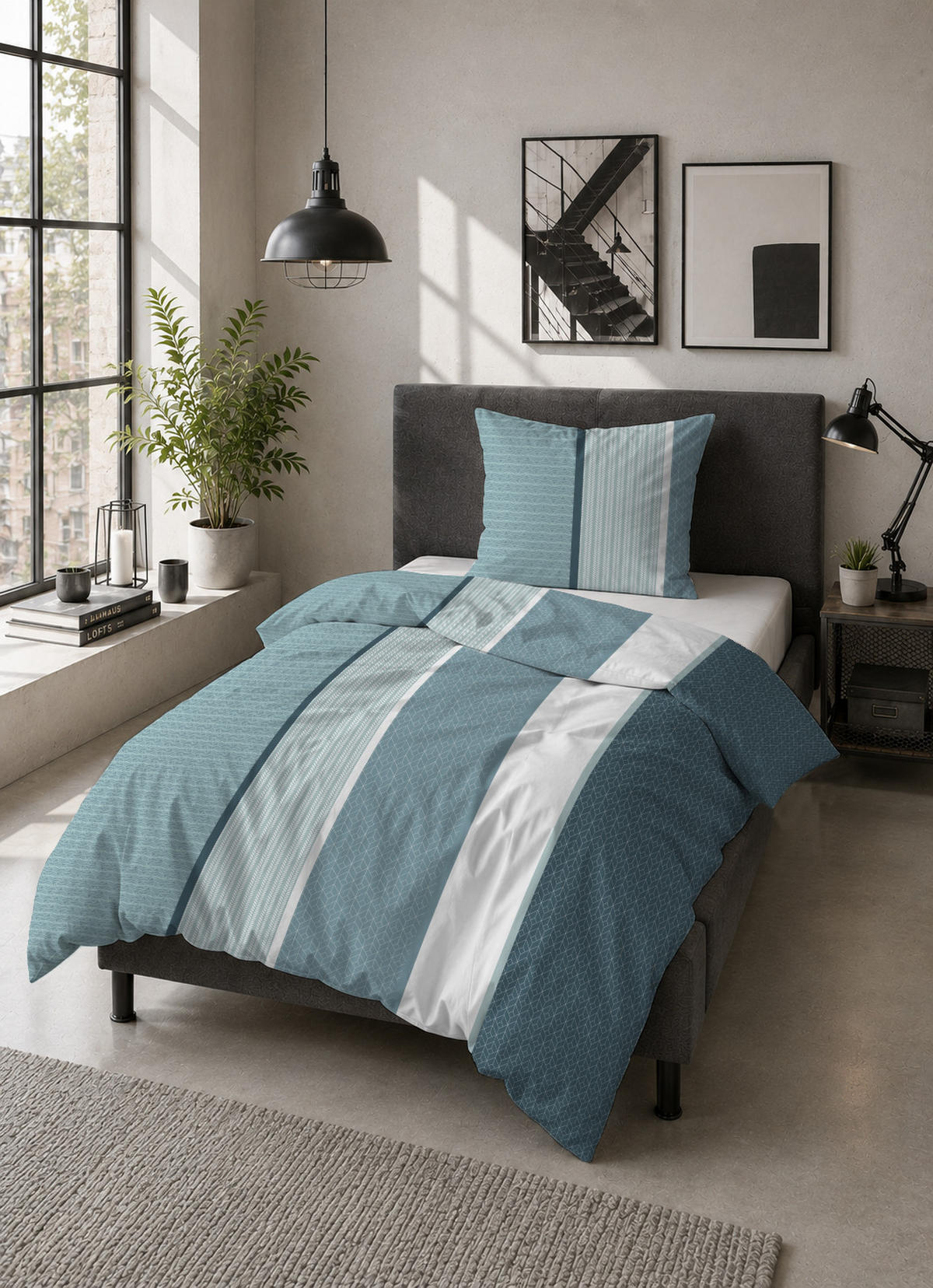 BETTWÄSCHE-GARNITUR Biber Längsstreifen petrol, 155x220 cm + 80x80 cm - Petrol, Textil (155/220cm) - Castell