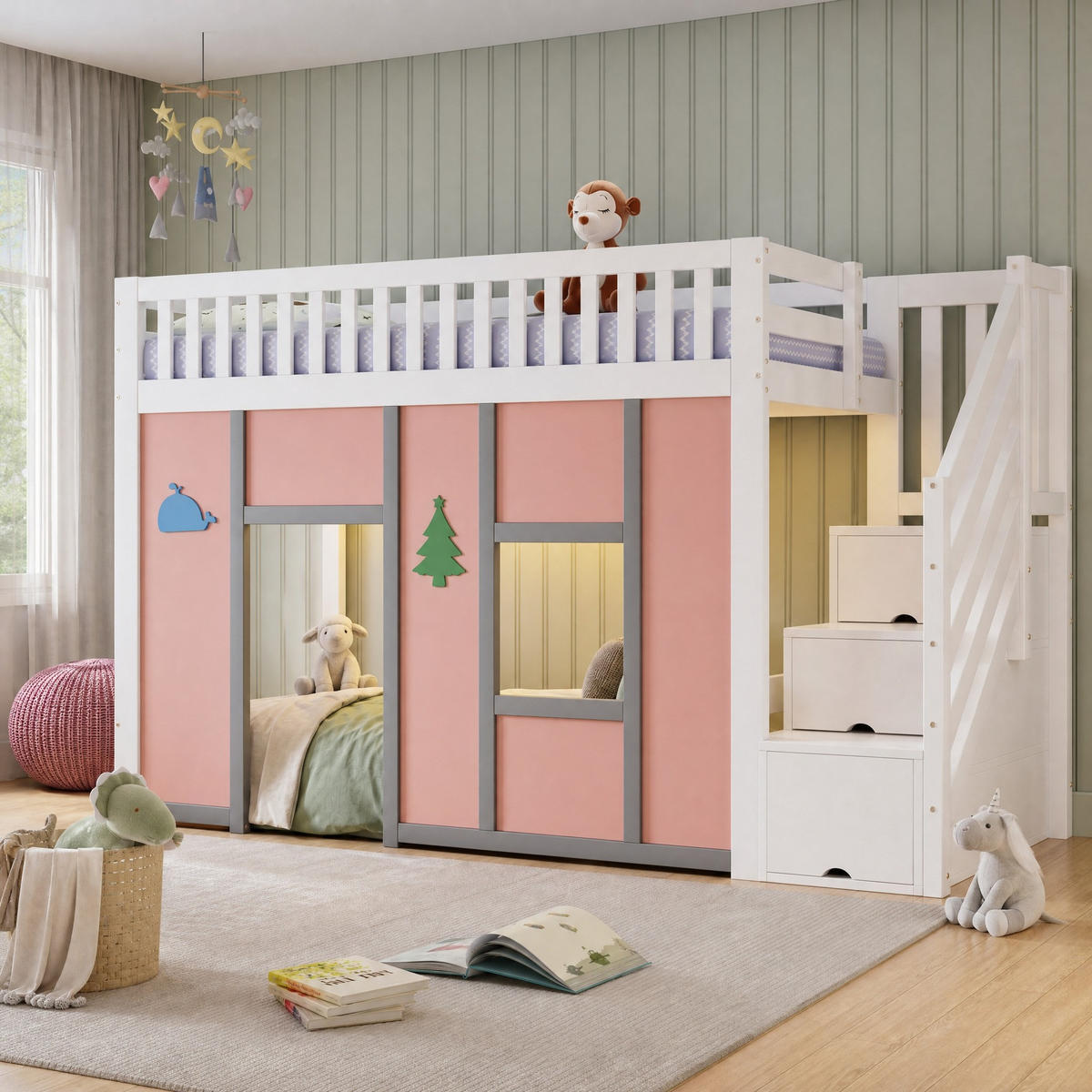 KINDERBETT 90/200 mit Stauraumtreppe,LED und Rausfallschutz in Weiß und Pink - Weiß/Rosa, Holzwerkstoff (90/200cm) - EVRYAE