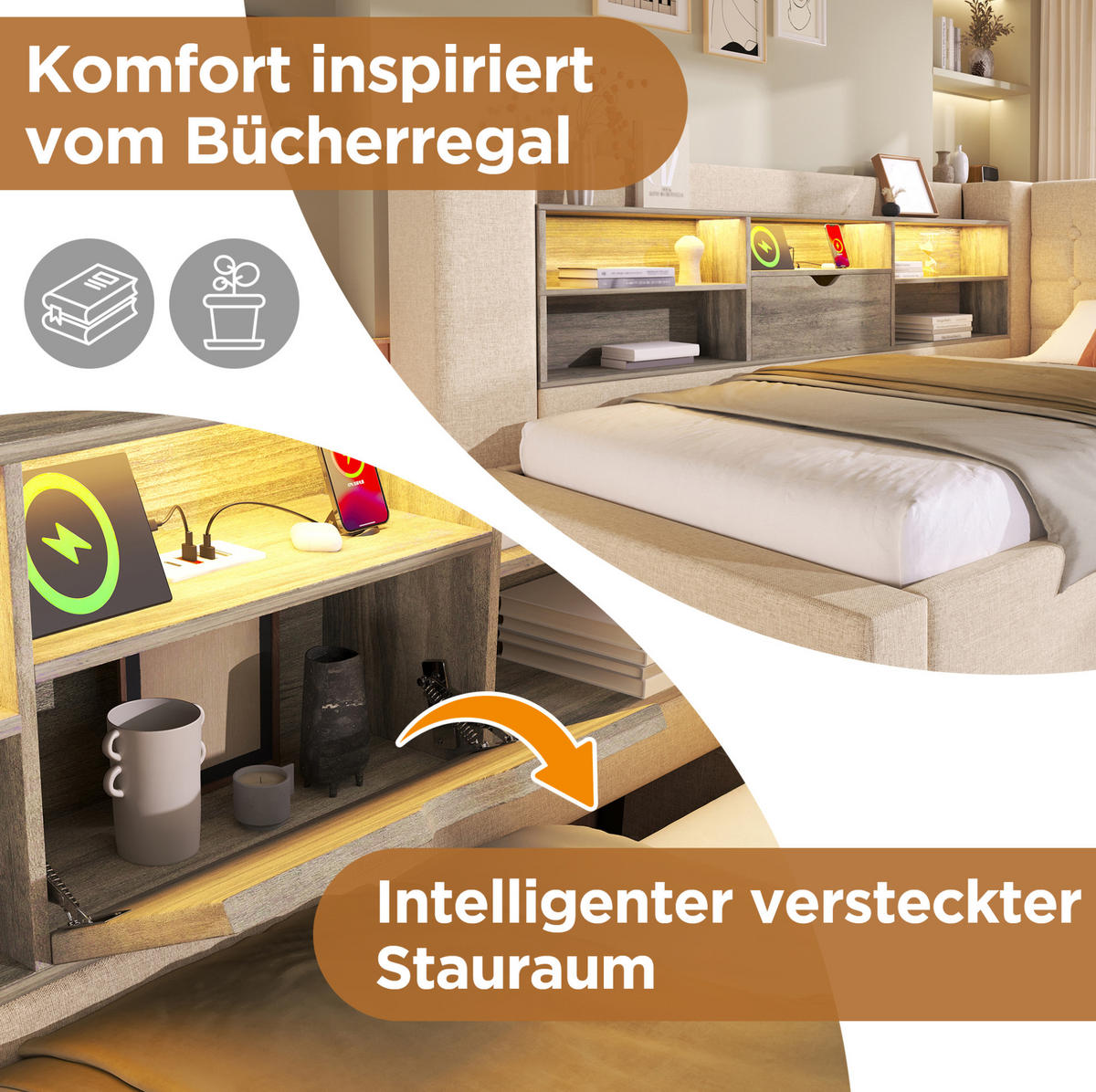 ČALÚNENÁ posteľ z ľanu a kovu 90x190 cm béžová s LED osvetlením, USB-C a hydraulickým úložným priestorom - béžová, textil (90/190cm) - Modfu