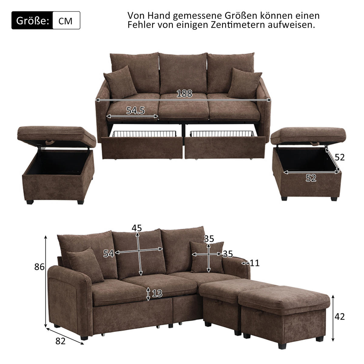 ECKSOFA-SET Chenille mit Stauraum und Schlaffunktion 3-Sitzer und 2 Hocker 188/186/86 cm Dunkelbraun - Dunkelbraun, Kunststoff/Textil (186/188cm) - Redom