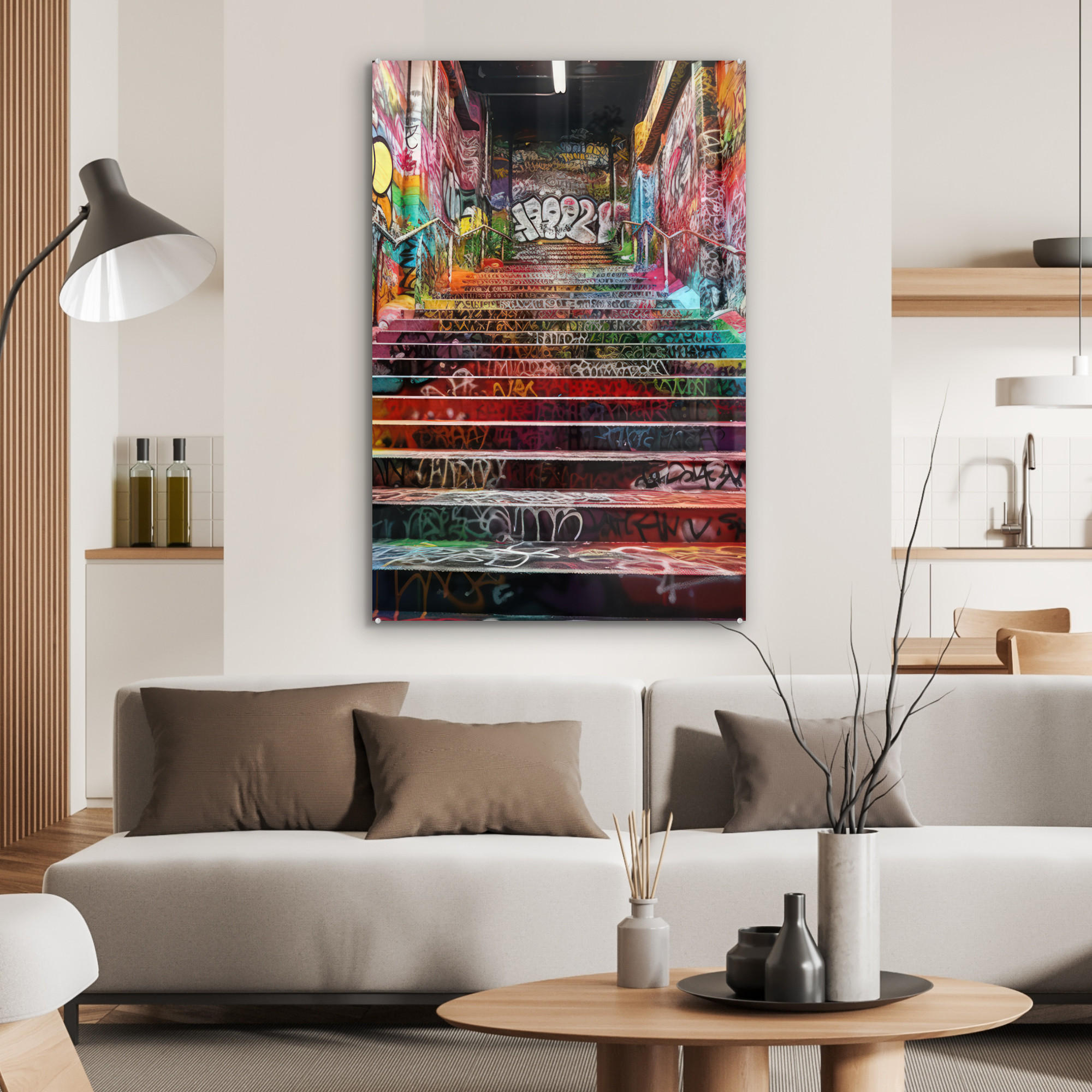 ACRYLGLASBILD Treppe - Graffiti - Farben - Kunst 60x90 cm - Multicolor, Glas (60/90cm) - MuchoWow