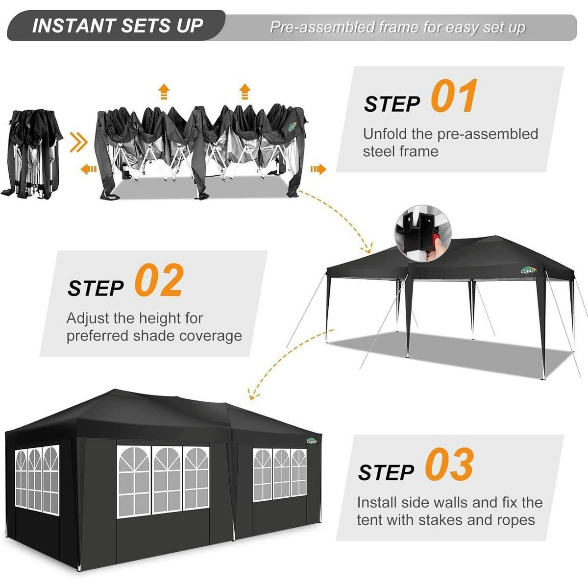 FALTPAVILLON 3 x 6 m wasserdicht UV-Schutz mit 6 Seitenwänden Schwarz - Schwarz, Textil (300/275/600cm)