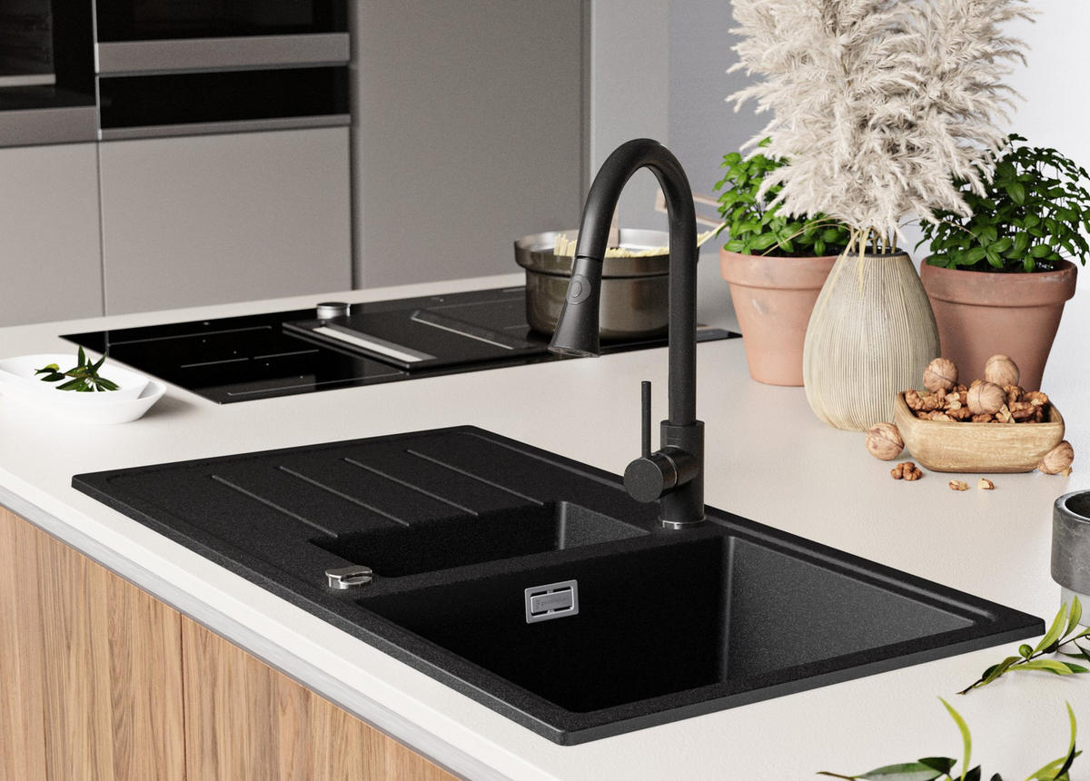 SPÜLBECKEN Kopenhagen Duo, 2-er set Anthrazit 90/50 cm 1,5 Becken + Ablauf-Set ab 60er Unterschrank - Chromfarben/Anthrazit, Kunststoff (90/19/50cm) - Primagran