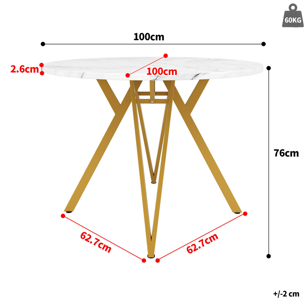 ESSTISCH, MDF mit Marmormuster & Metallgestell, 100/100/76 cm, Gold - Goldfarben, Holzwerkstoff (100/100/76cm) - Redom