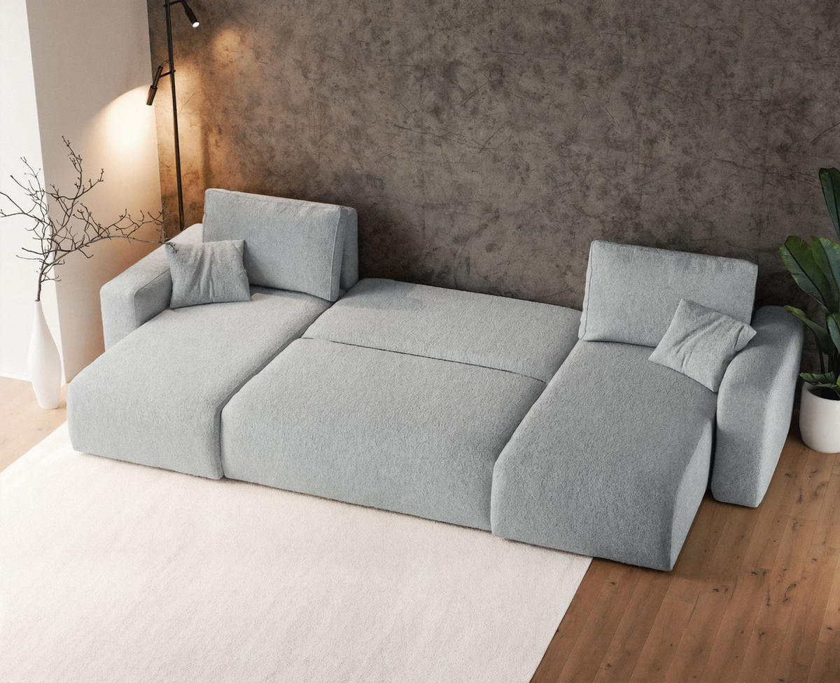 WOHNLANDSCHAFT Pianoni Hellgrau Bouclé-Bezug - Hellgrau/Schwarz, Kunststoff/Textil (312/83/140cm) - Selsey