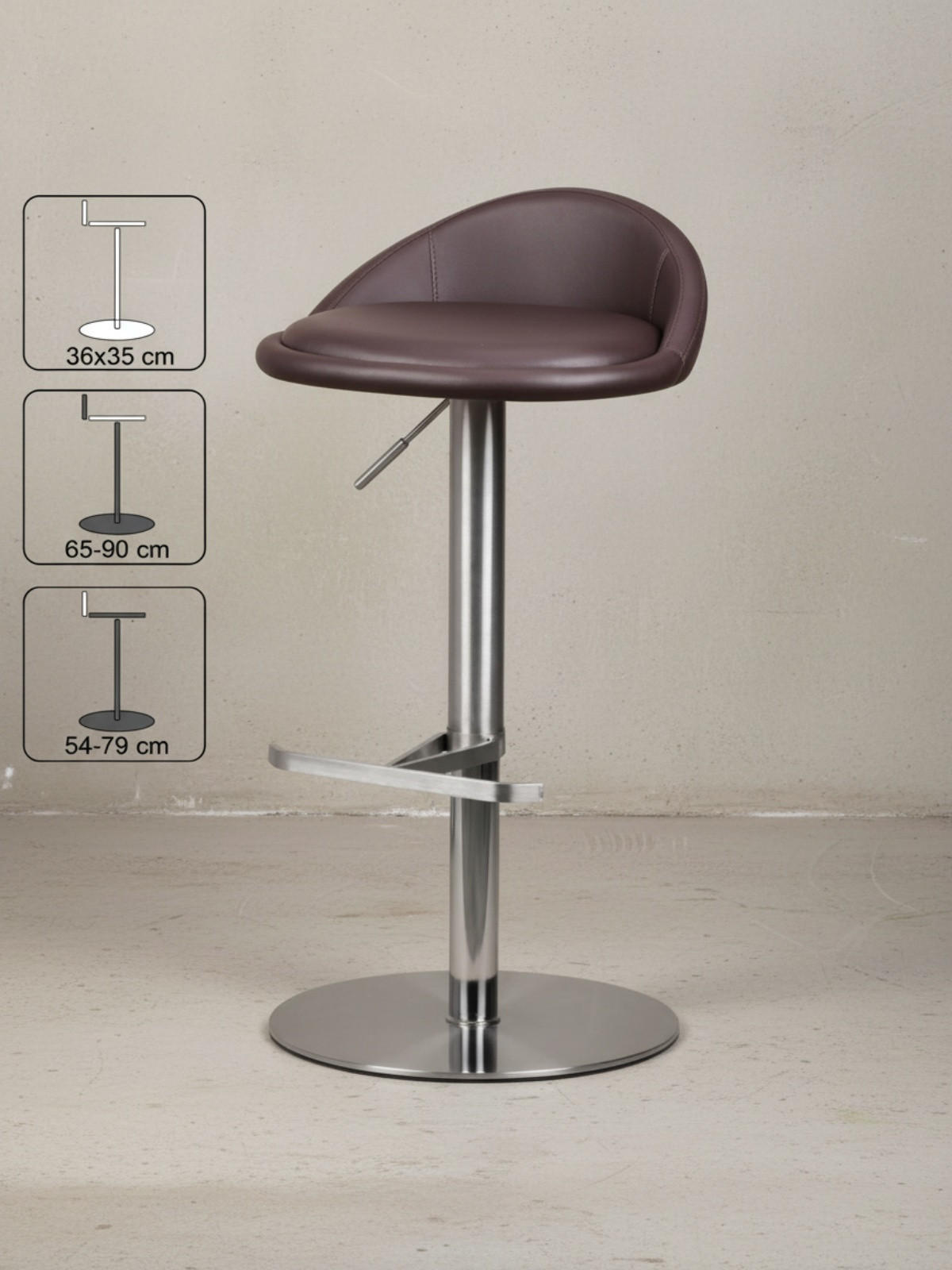 BARHOCKER Höhenverstellbar Edelstahl Halbrunde Rückenlehne DONAU, Braun 43x43x90 cm - Silberfarben/Braun, Kunststoff/Textil (43/90/43cm) - KADIMA DESIGN