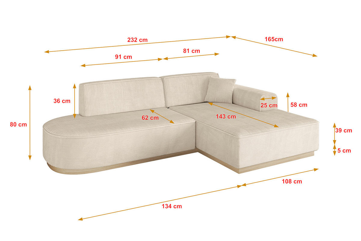 ECKSOFA Ottomane Rechts IREA-L1 - 232x165x80 cm Beige - Beige, Holzwerkstoff/Textil (232/165cm) - ALTDECOR
