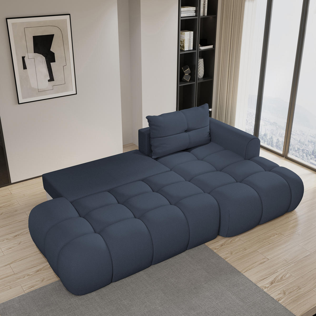 ECKSOFA FLUMA R-S Blau Geflochtener Stoff mit Schlaffunktion - Blau, Holz (274/165cm) - MASSENO