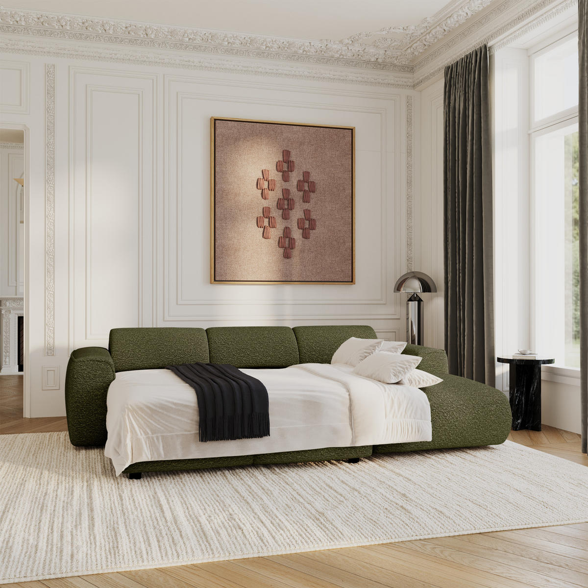 ECKSCHLAFSOFA Bouclé-Stoff Olivgrün 283cm - Olivgrün, Textil (283/180cm) - Sia Home