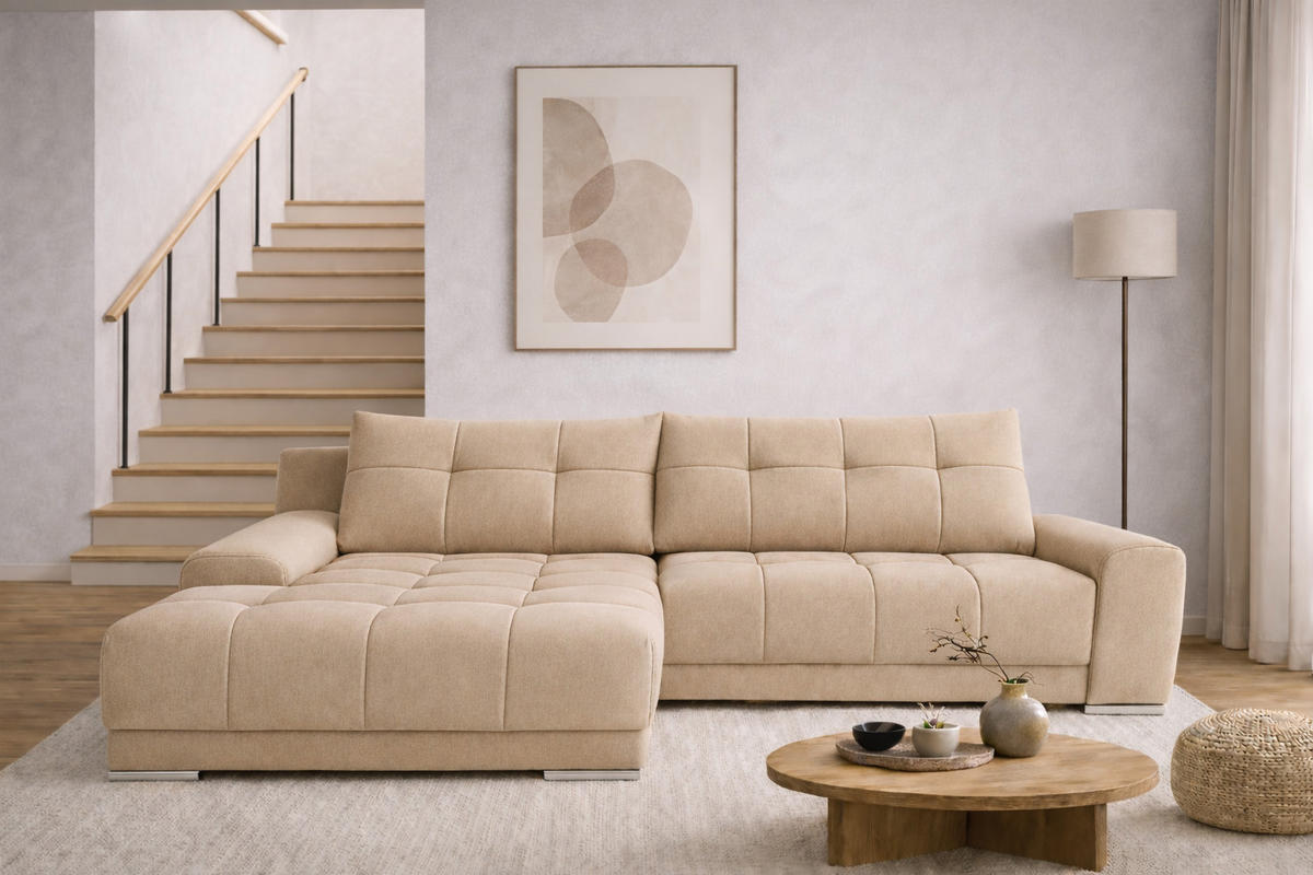 ECKSOFA WAVE Mit Schlaffunktion, Stoff SORO, Hellbeige Links - Creme, Holz (105/281cm) - Kaiser Möbel