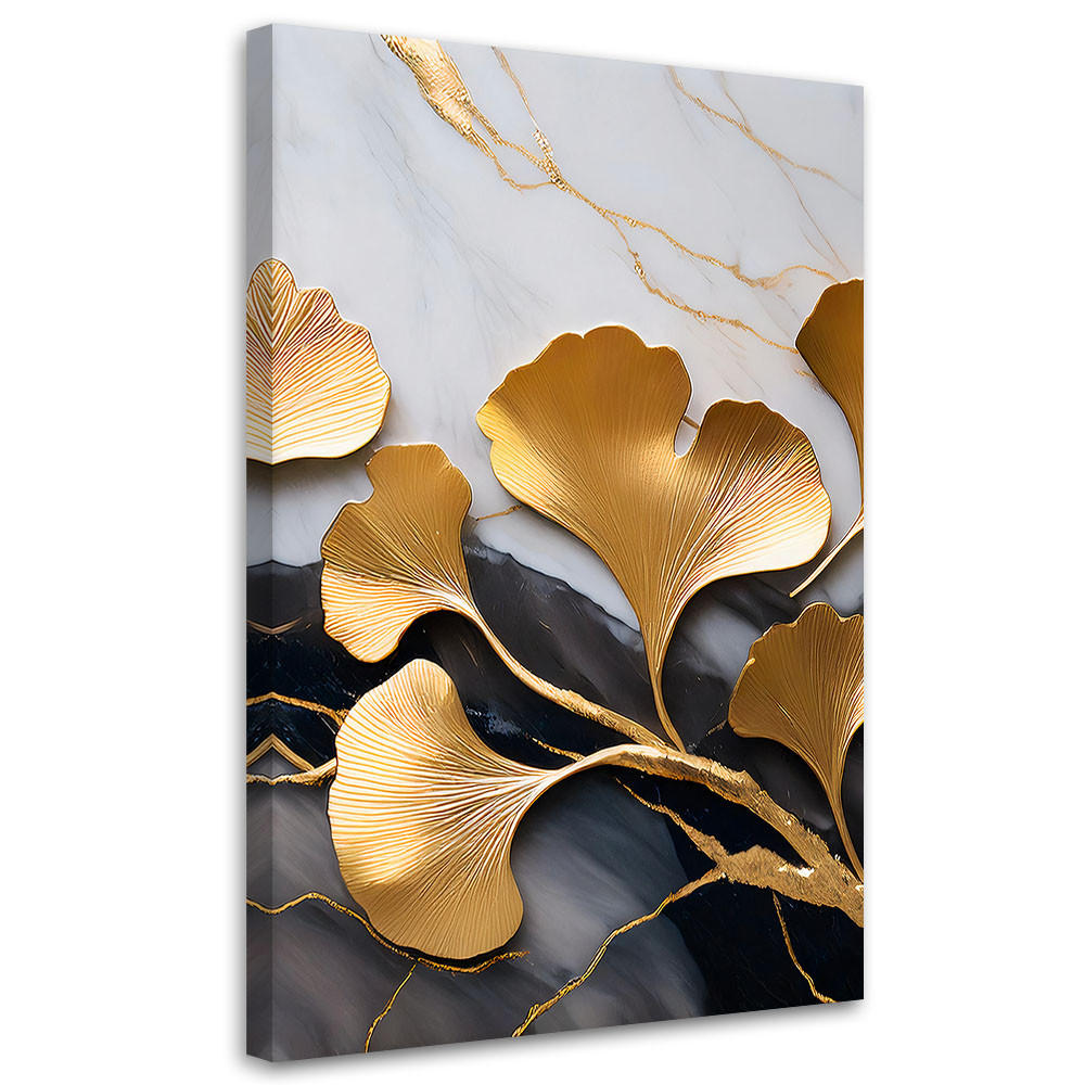 LEINWANDBILD Ginko Blumen Botanik Marmor Grau Gold 40x60cm - Goldfarben, Textil (40/60cm) - Feeby