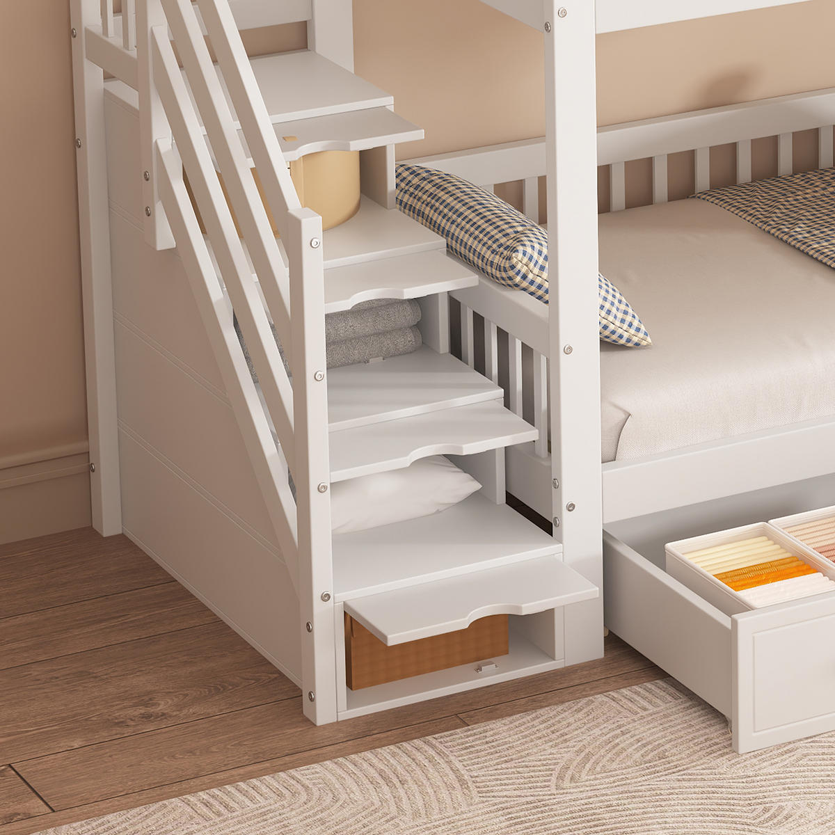 HAUSBETT 90x200cm mit Zwei Schublade in Weiß+Natur - Weiß, Holz (90/200cm) - KOMHTOM