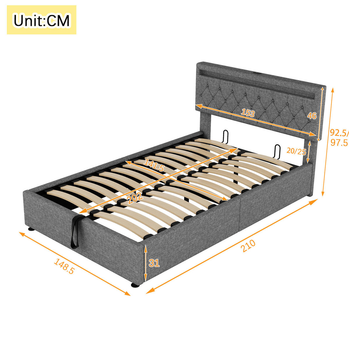 POLSTERBETT aus Leinen 140/200 cm mit LED-Beleuchtung, USB- und USB-C-Anschluss und hydraulischem Bettkasten, Grau - Grau, Textil (140/200cm) - Redom