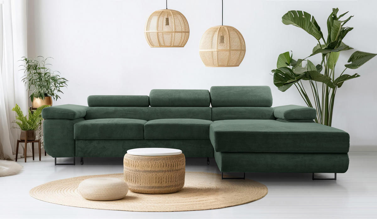 ECKSOFA L Form Arborio Dunkelgrün 280/203/90 cm Rechts mit Schlaffunktion - Dunkelgrün/Schwarz, Textil/Metall (280/203cm) - AX Living