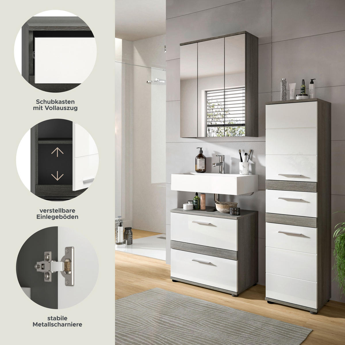 BADKOMBINATION 3tlg. Blake Bad in Rauchsilber Nachbildung und weiß hochglanz B/H/T: 110x191x34 cm - Anthrazit, Holz (110/191/34cm)