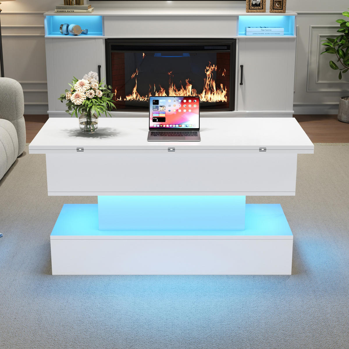 COUCHTISCH mit Hubfunktion 100 x 50 cm Weiß mit Stauraum und Steckdose - Weiß, Holzwerkstoff (100/50/51.5cm) - Meubliv