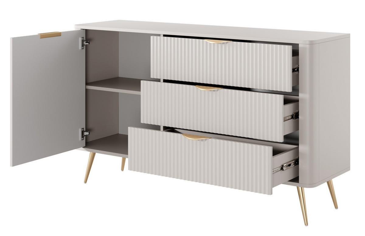 SIDEBOARD Vespasia 1T 3S Beige 138,2/81,2/38 cm – Geriffelten Fronten - Beige/Goldfarben, Holzwerkstoff/Metall (138.2/81.2/38cm) - AX Living