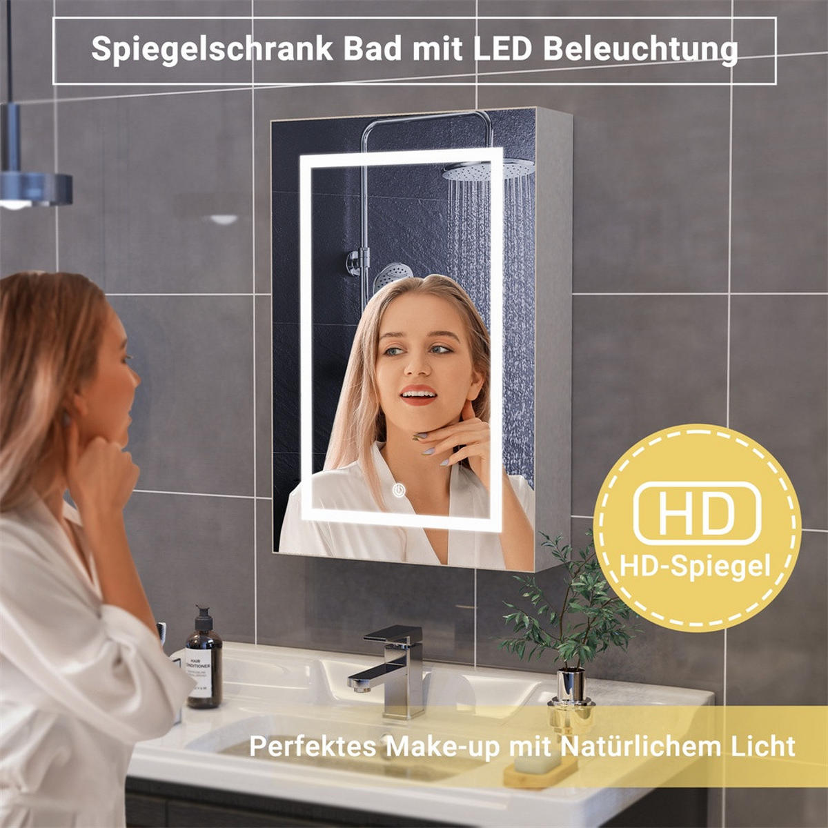 SPIEGELSCHRANK - eintürig - mit LED-Beleuchtung -Funktion und verstellbaren Glasablagen - Weiß - Weiß, Holzwerkstoff (12.5/70/50cm) - DELFA