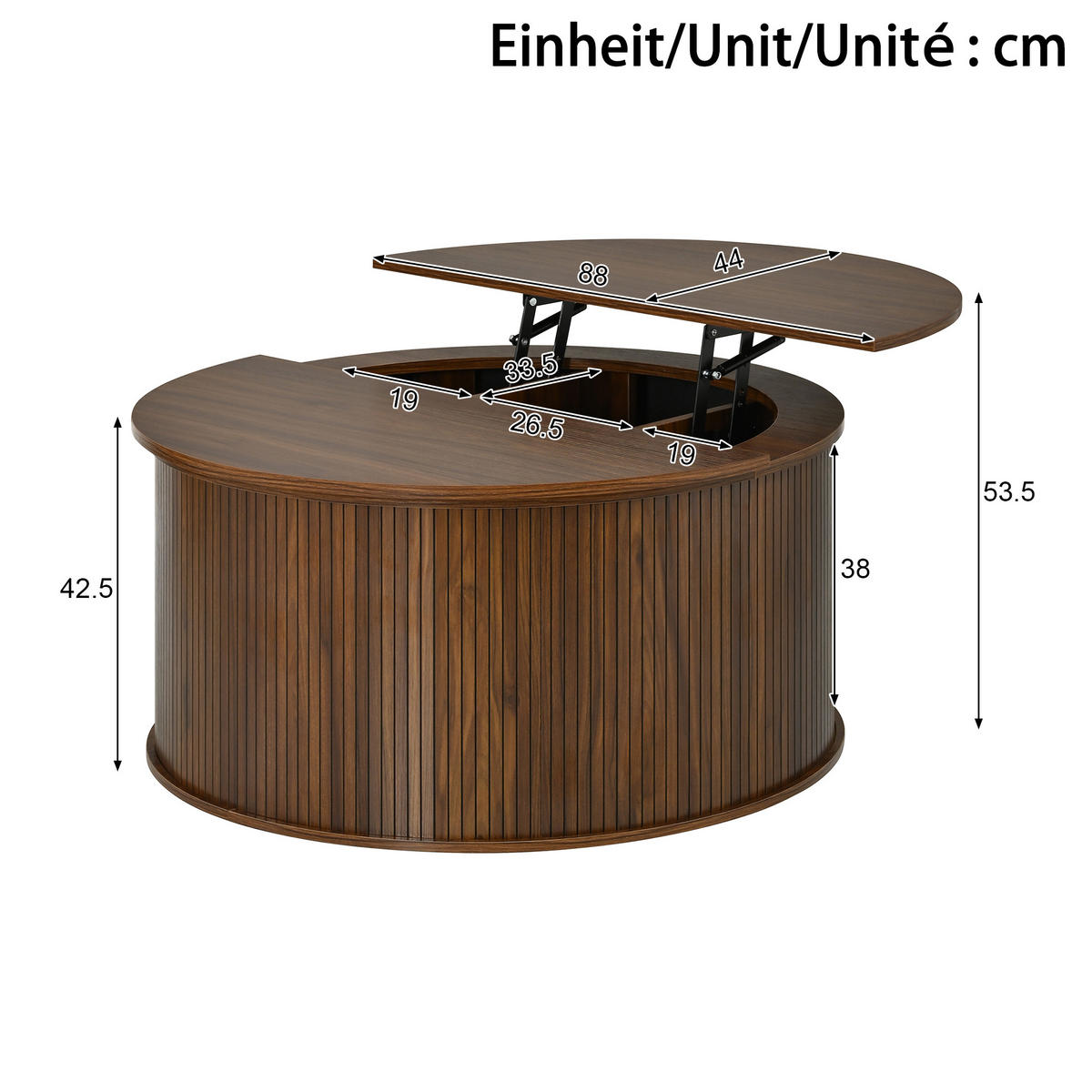 COUCHTISCH rund, MDF, höhenverstellbar mit Stauraum - Walnussfarben, Holzwerkstoff (88/88/53.5cm) - FLIEKS